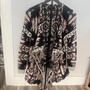 Shyanne Black and Cream Patterned Cardigan with Fringe